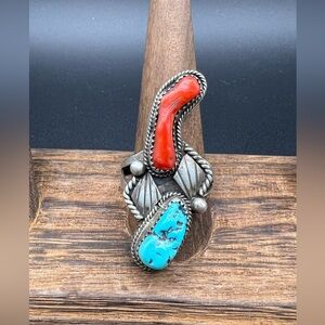 Native American Turquoise & Coral Ring